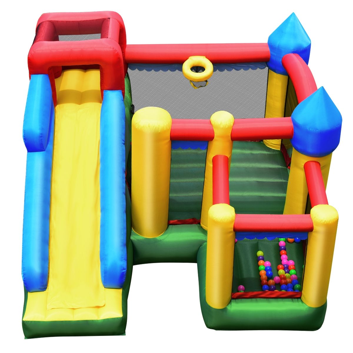 4-in-1 Inflatable Castle for Children 3-10 Years Old with Slide, Jumping Area, Climbing Wall, Basketball Hoop -