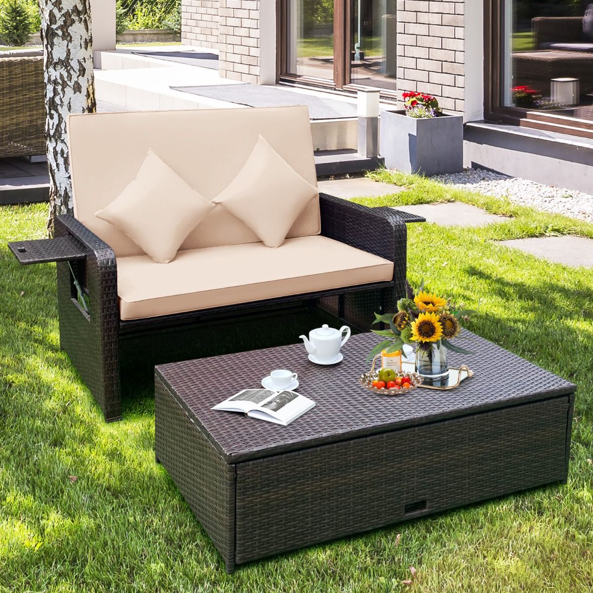Adjustable Outdoor Garden Lounge Set with Bed, 2-Seater with Hidden Storage, 4-Level Adjustable Backrest in PE Rattan -