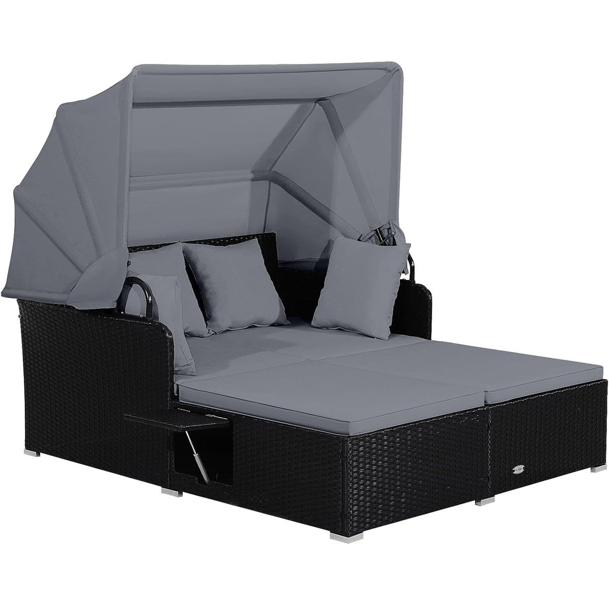 2-Seater Rattan Sun Lounger with Retractable Canopy, Sunbed with Folding Side Panels, 360KG Load Capacity, Beige/Grey