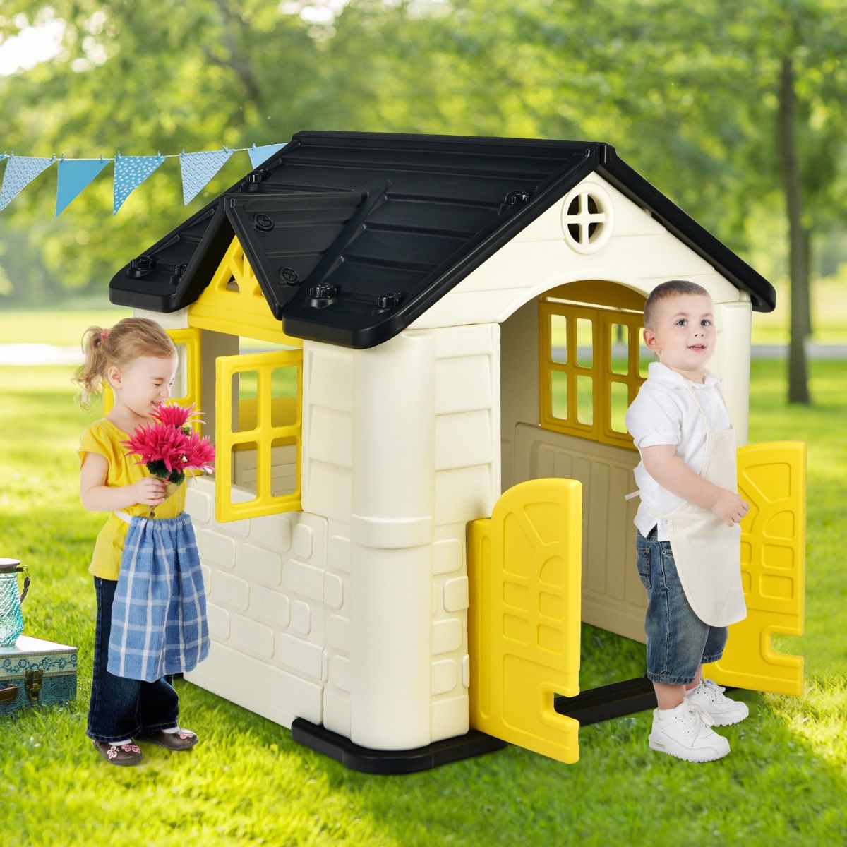 Chef House - Burger Bar Theme - UV-Resistant Plastic Garden Shed Picnic Table 164x124x132 cm Blue/Pink/Yellow -