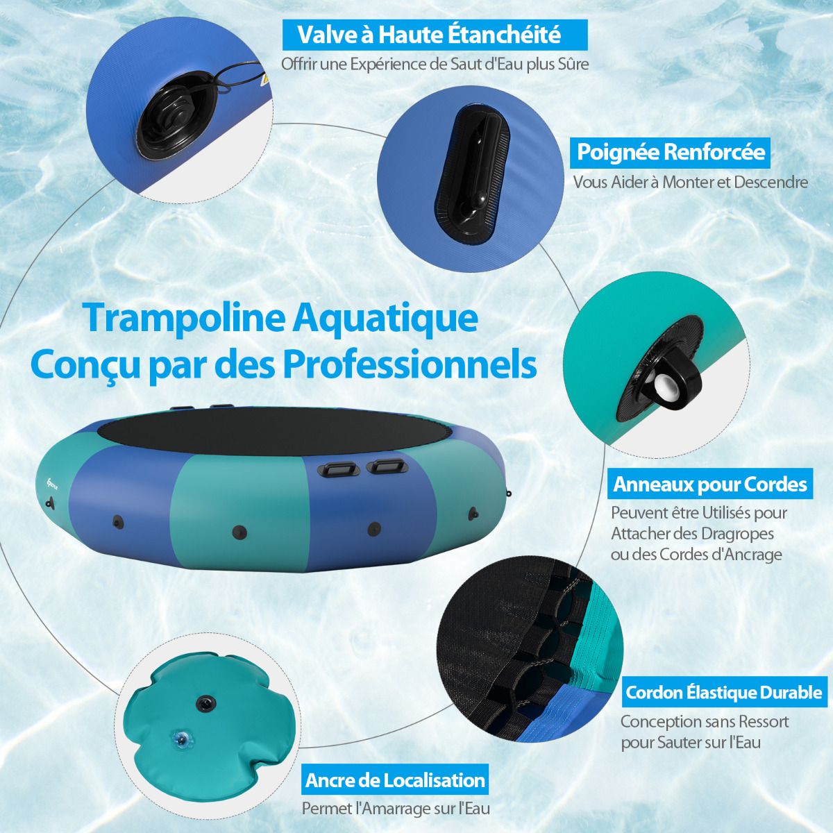 Inflatable Water Trampoline, 457cm Diameter, 150kg Capacity, with Repair Kit, Ladder and 500w Electric Inflator, Blue -