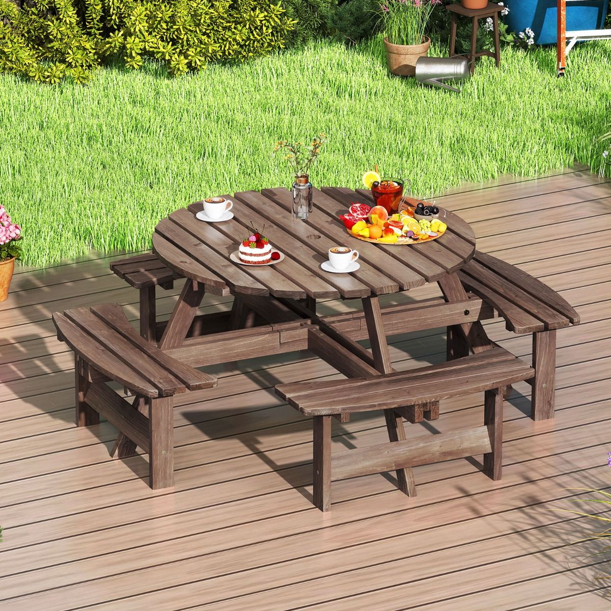 Wooden Picnic Table Set for 2 to 8 People, Circular Table and Bench Set with 4 Integrated Benches, 5cm Parasol Hole, Brown/Yellow -