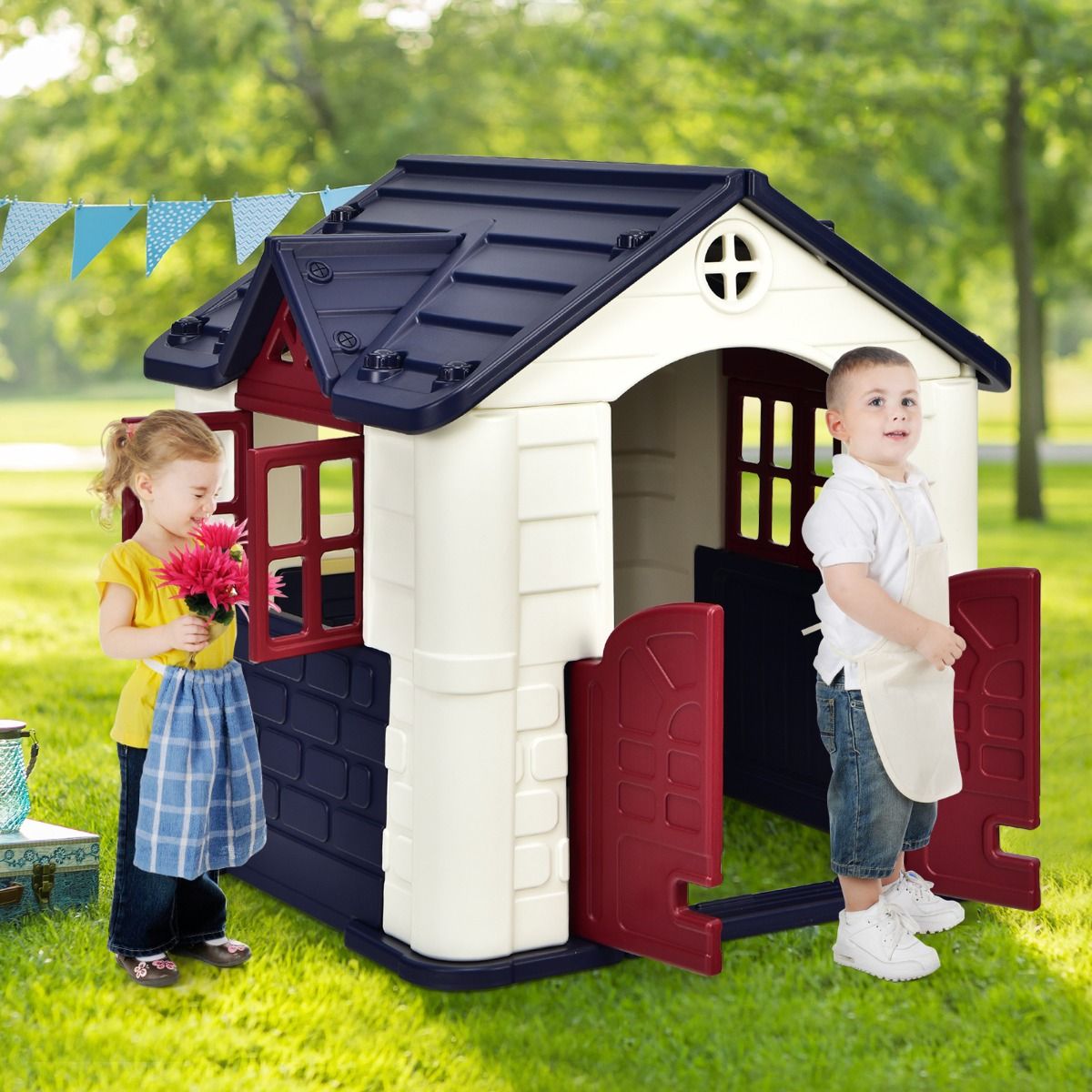 Chef House - Burger Bar Theme - UV-Resistant Plastic Garden Shed Picnic Table 164x124x132 cm Blue/Pink/Yellow -