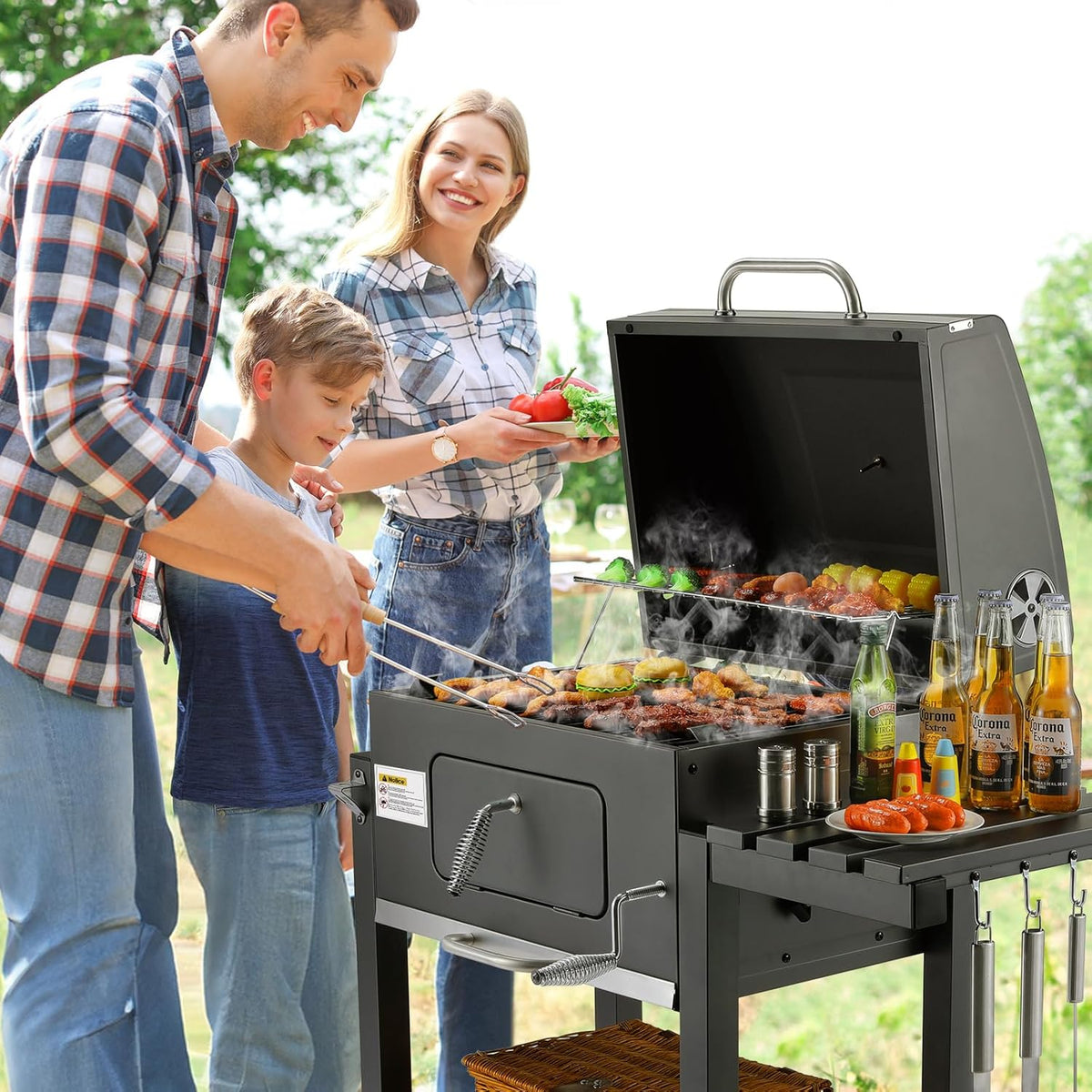 XL Charcoal Barbecue, Barbecue Cart, XL Charcoal Grill with Lid, Wheels and Thermometer, Height Adjustable, Large Charcoal Barbecue, for Camping and Garden, Black