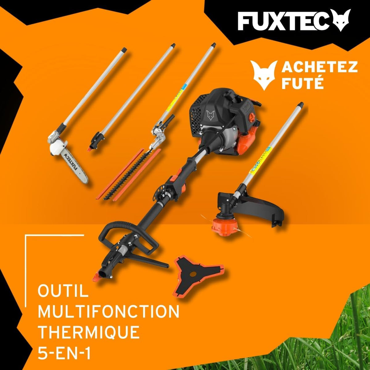 Fuxtec FX-MT152E 5-in-1 Multi-Tool Petrol Brush Cutter - Easy Starter, 3 HP, 52 cc, 2-Stroke Engine, Pruner, Hedge Trimmer, Edger with Cord or Blade, 1 Meter Extension