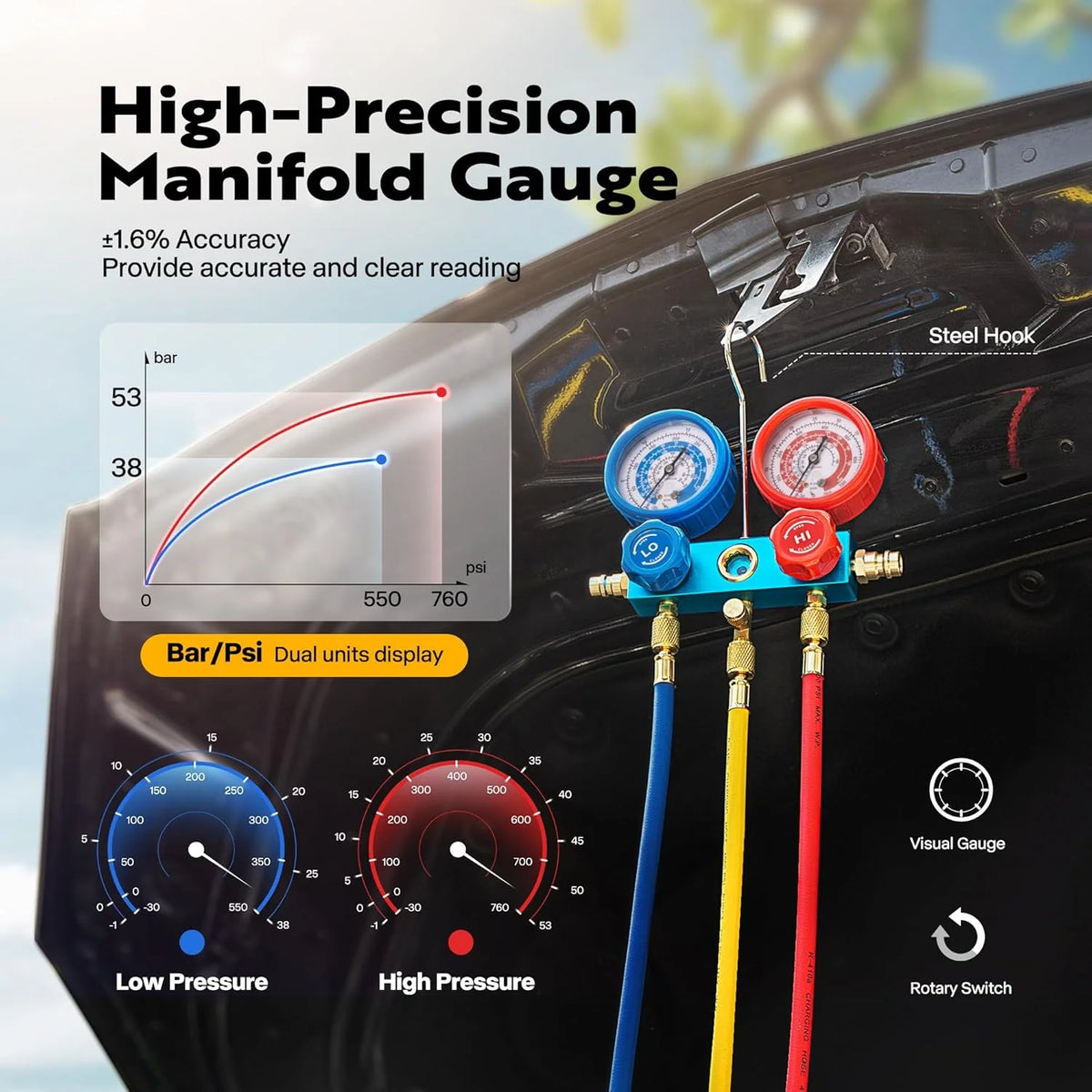 110V 1/4 HP 3.5CFM Single Stage Rotary Vane Air Vacuum Pump and AC Manifold Gauge Set Kit with Thermometer for R134a R12 R22 R502 R410a HVAC Air Conditioning Refrigeration Recharging Red