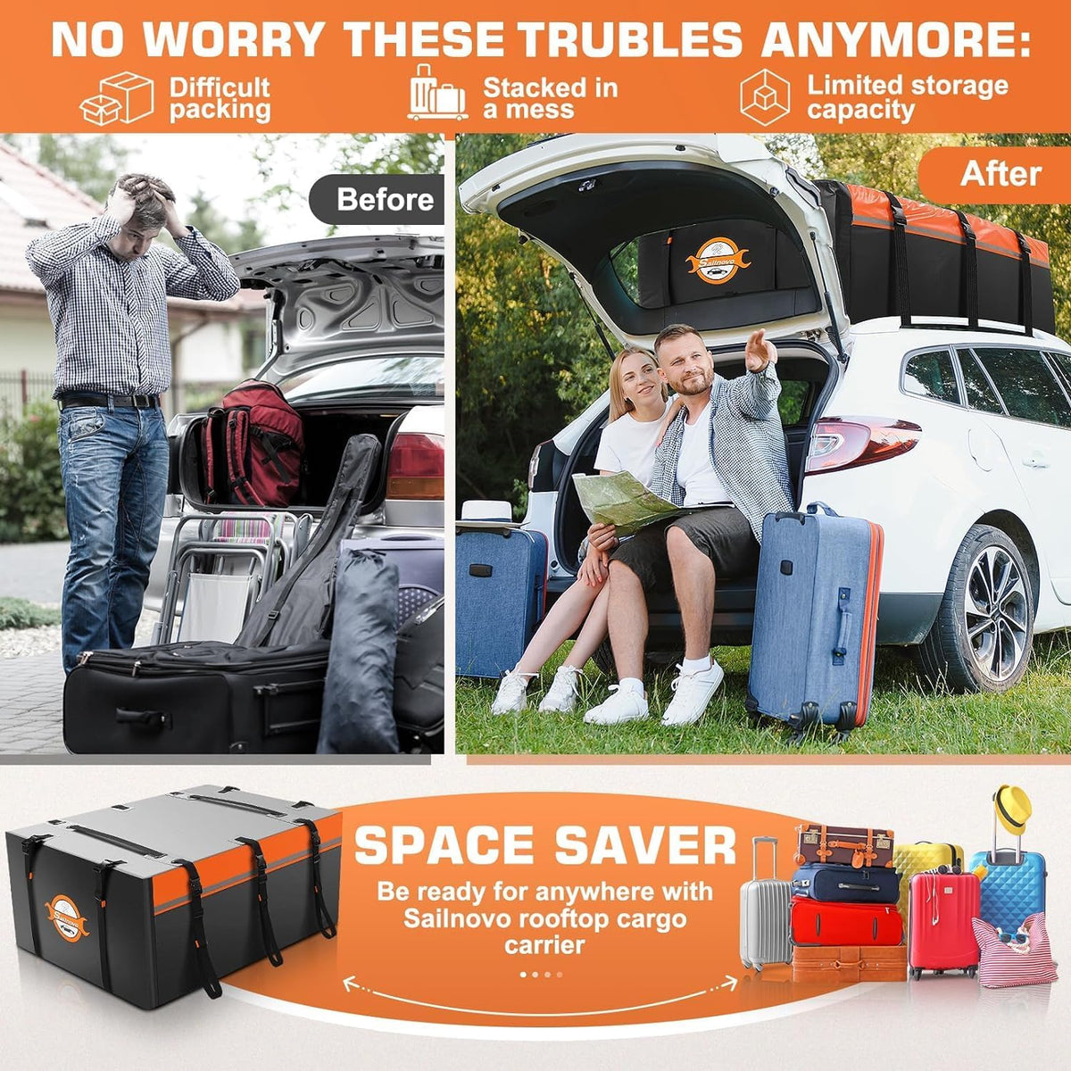 Sailnovo 0.6 m3 Soft Roof Box with Anti-Slip Mat + 6 Door Hooks, Waterproof PVC Roof Bag for Cars with/without Roof Rack, Black