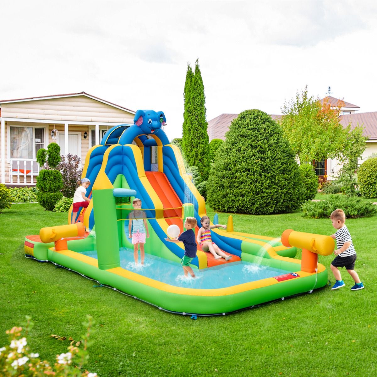 Giant Inflatable Water Slide for Children, Safe Splash Pool, Climbing Wall, Water Cannons, Ring Toss, Hoop (Blower Not Included), Multicolored