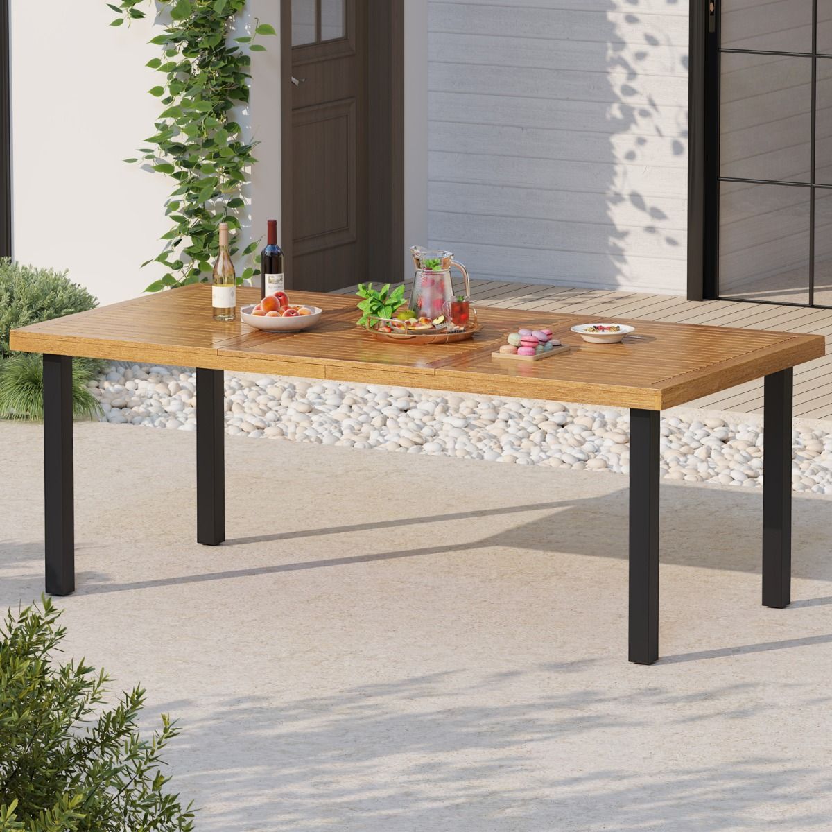 200cm Garden Table for 8 People, Acacia Wood Outdoor Table with Parasol Hole (5cm Diameter), Slatted Design, Metal Legs -