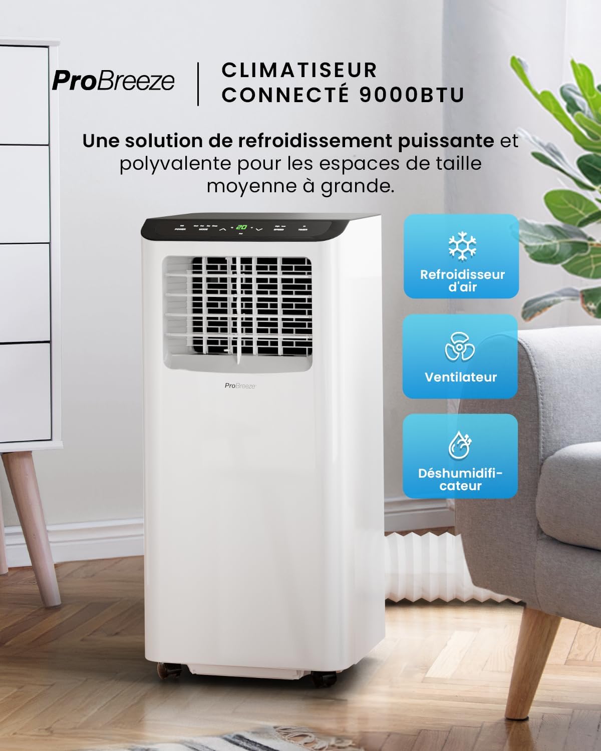Pro Breeze 4-in-1 Portable Air Conditioner 9000 BTU - Powerful WiFi-compatible air conditioner with app - 24-hour timer, remote control and window kit included for bedroom, living room 22m2 [Energy Class A]