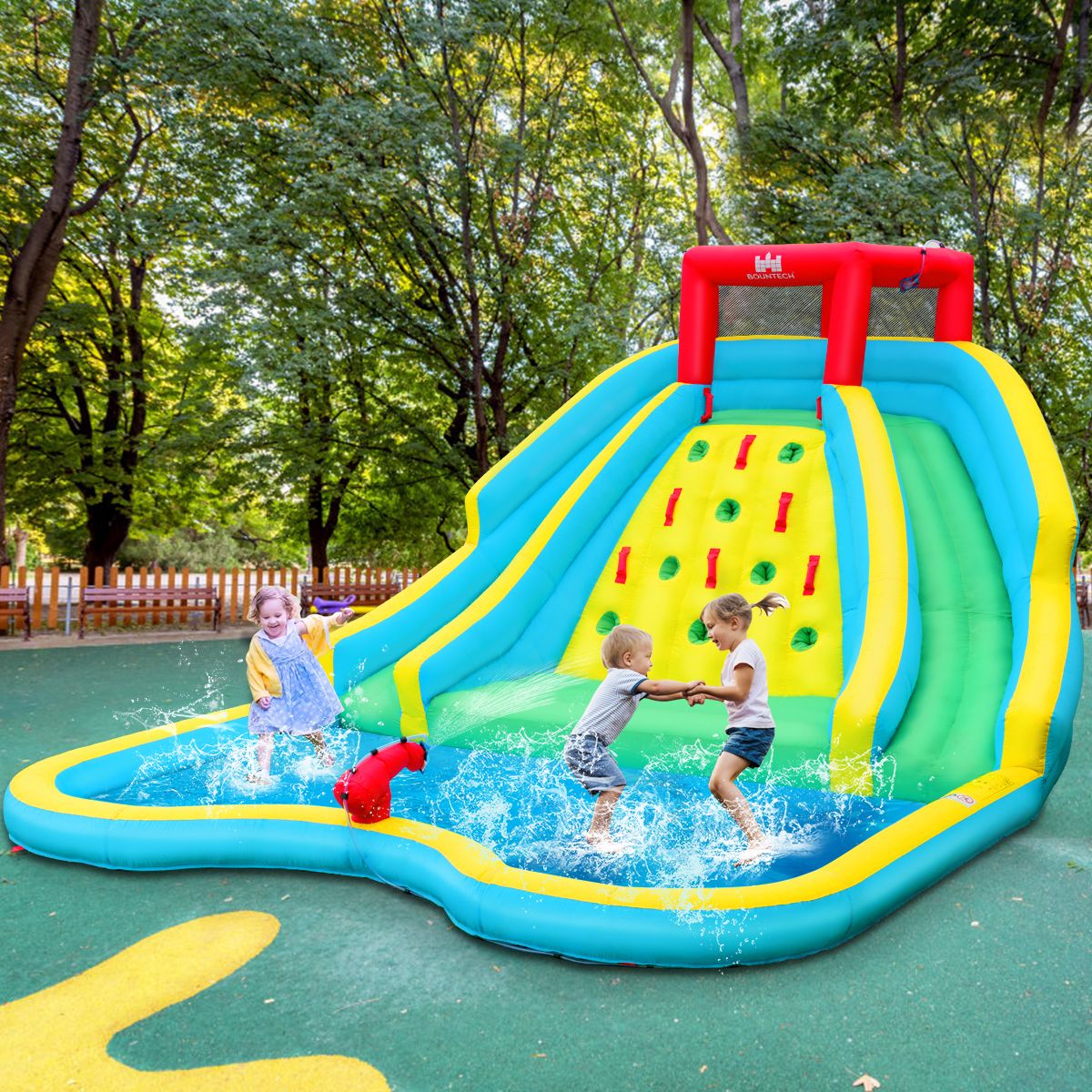 5-in-1 Inflatable Water Slide with Paddling Pool, Inflatable Oxford Play Area with Climbing Wall, Load Capacity 150kg for Ages 3-10 (Blower Not Included)