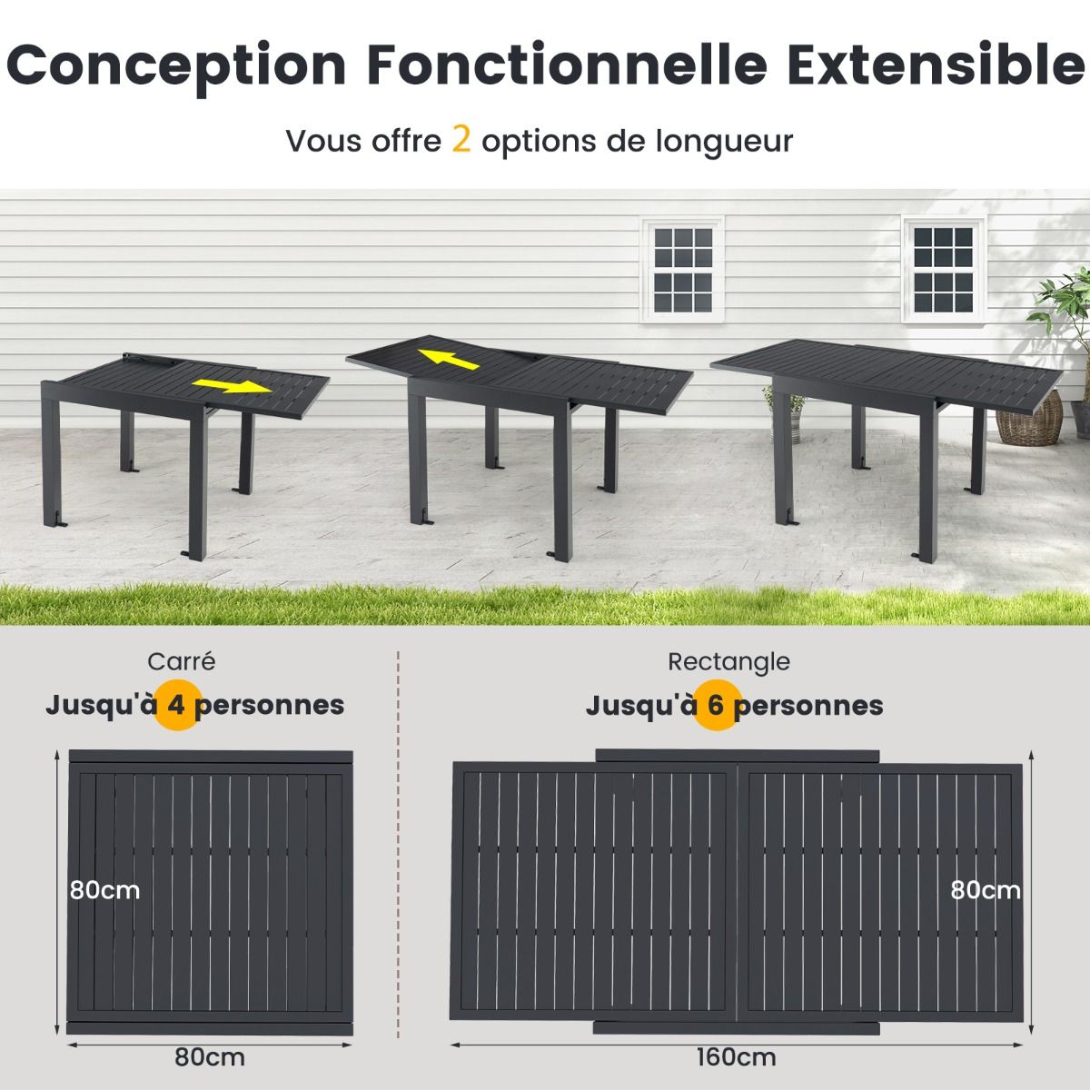 Extendable Aluminum Garden Table, Adjustable from 80 to 160 CM, Outdoor Dining Table with Slatted Top for 4-6 People, Dark Grey