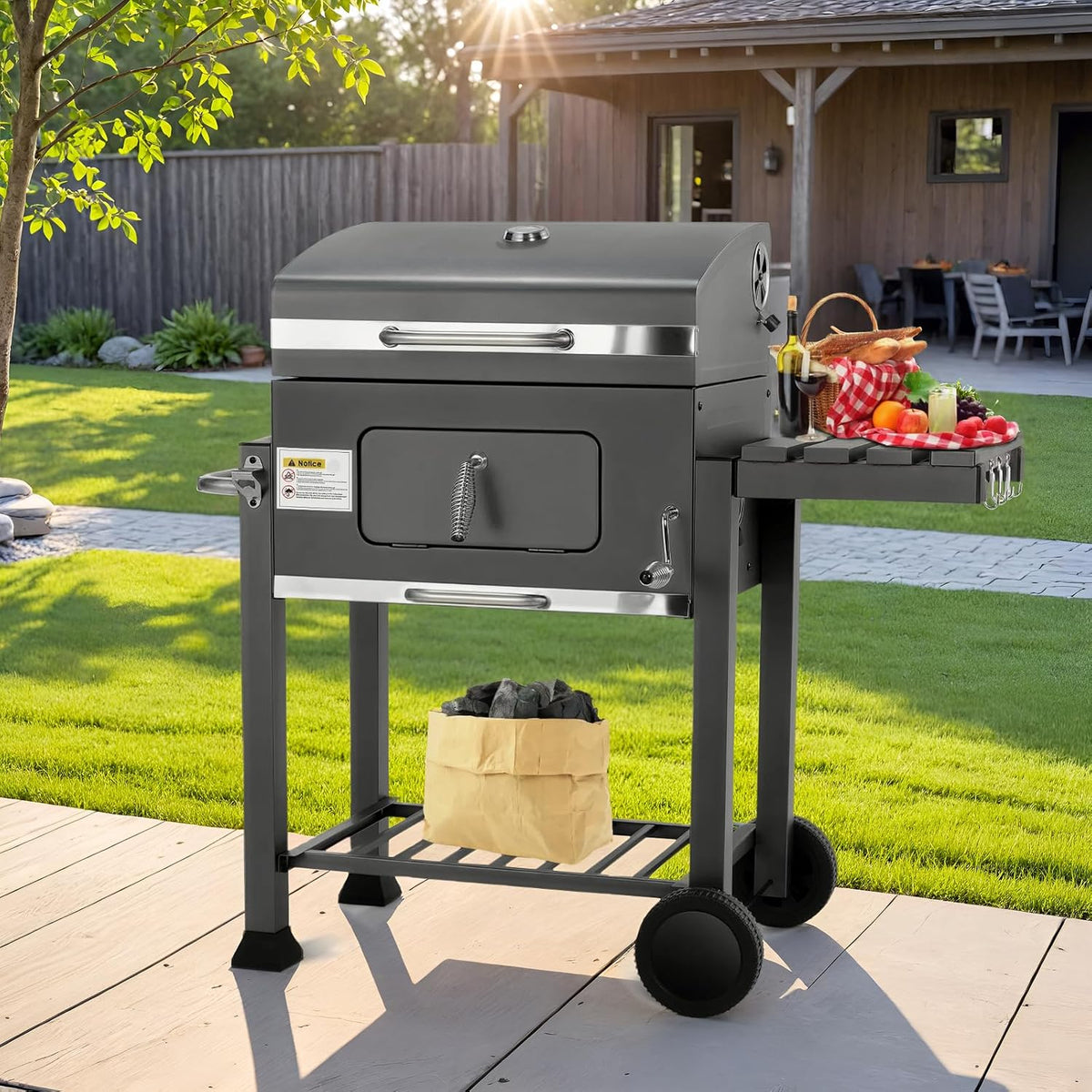 XL Charcoal Barbecue, Barbecue Cart, XL Charcoal Grill with Lid, Wheels and Thermometer, Height Adjustable, Large Charcoal Barbecue, for Camping and Garden, Black