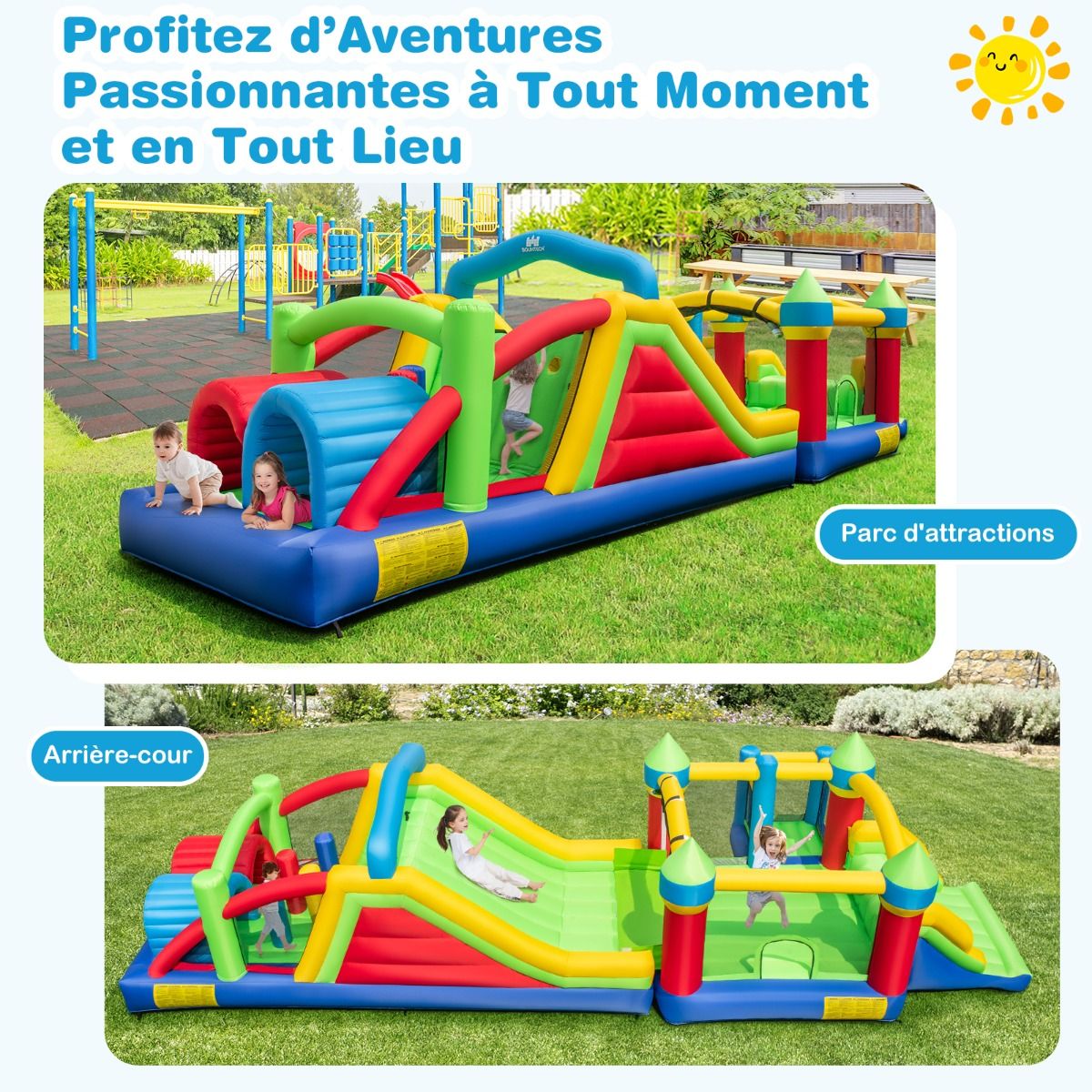 Inflatable Castle for 4 Children with 2 Slides, Tunnels, Bounce Zone, Climbing Wall, Obstacles, Playhouse with 680W Blower -