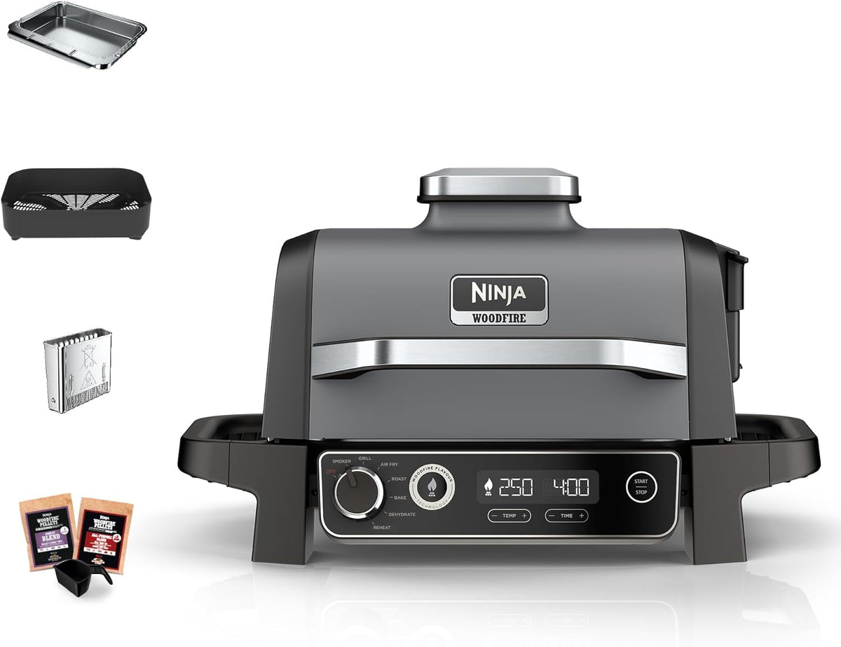 Ninja Woodfire Electric Barbecue, Grill, Smoker & Air Fryer, 7-in-1 Outdoor Barbecue, Grill, Air Fryer, Smoker, Roaster, Oven, Weather Resistant, Non-Stick, Portable, Grey/Black OG701EU