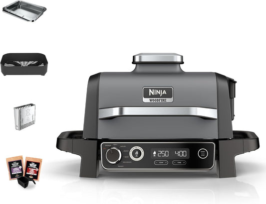 Ninja Woodfire Electric Barbecue, Grill, Smoker & Air Fryer, 7-in-1 Outdoor Barbecue, Grill, Air Fryer, Smoker, Roaster, Oven, Weather Resistant, Non-Stick, Portable, Grey/Black OG701EU