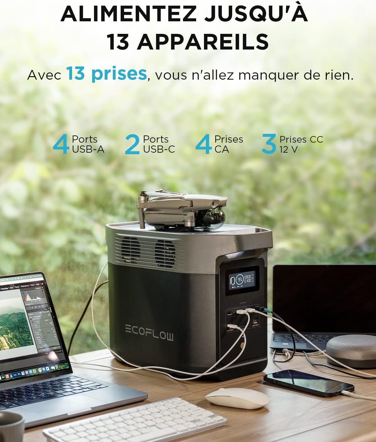 EcoFlow DELTA 2 Portable Power Station with scalable capacity of 1-3 kWh, LFP battery, fast charging, solar generator for home backup power, balconies, camping and motorhomes