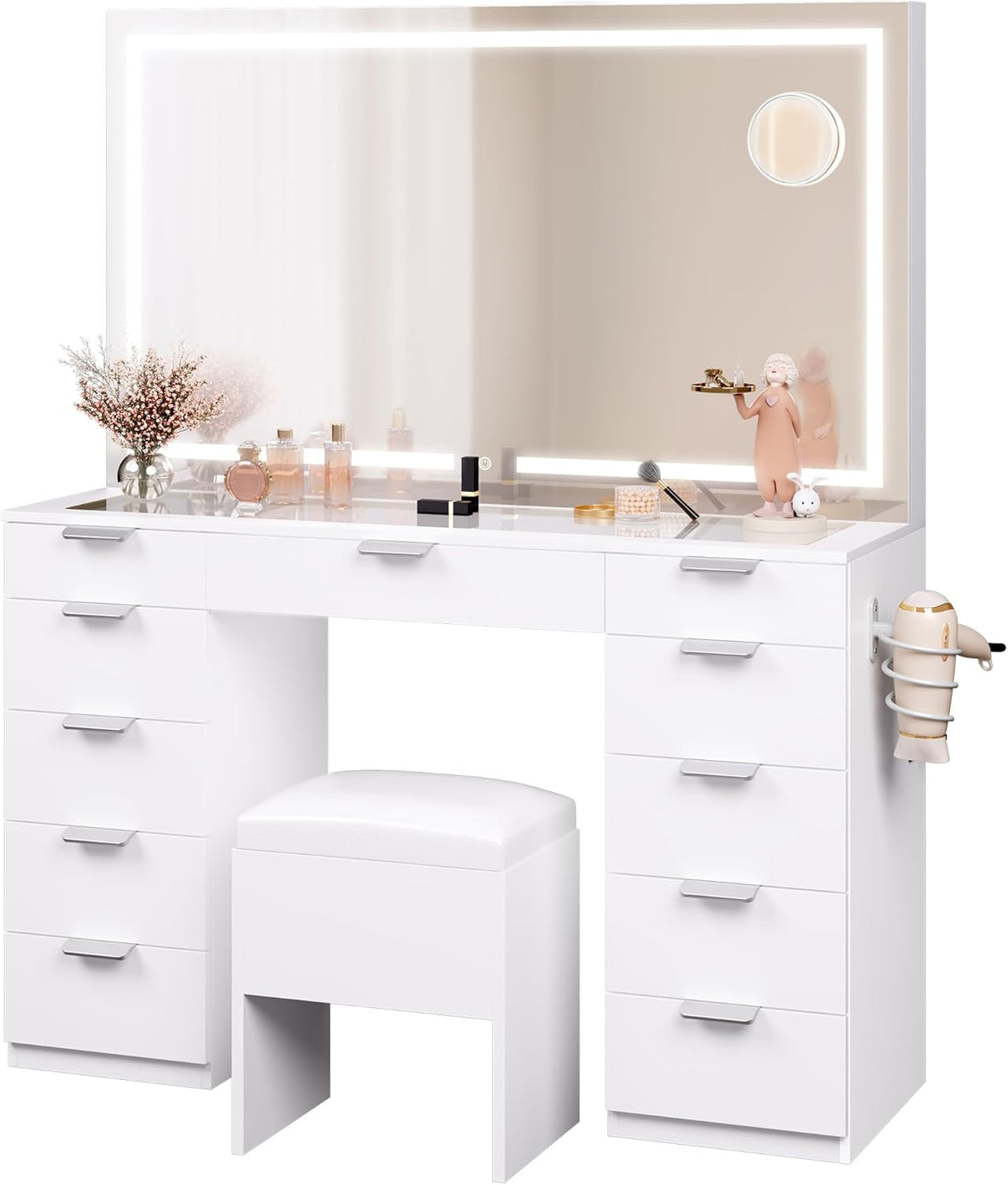 YITAHOME Large Dressing Table with Adjustable LED Lighting and Electrical Outlets, Dressing Table with Mirror, Clear Glass Top, 11 Drawers and Stool, White