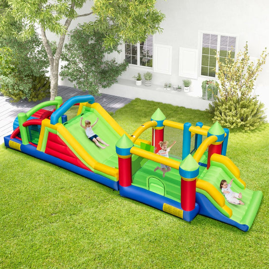 Inflatable Castle for 4 Children with 2 Slides, Tunnels, Bounce Zone, Climbing Wall, Obstacles, Playhouse with 680W Blower -