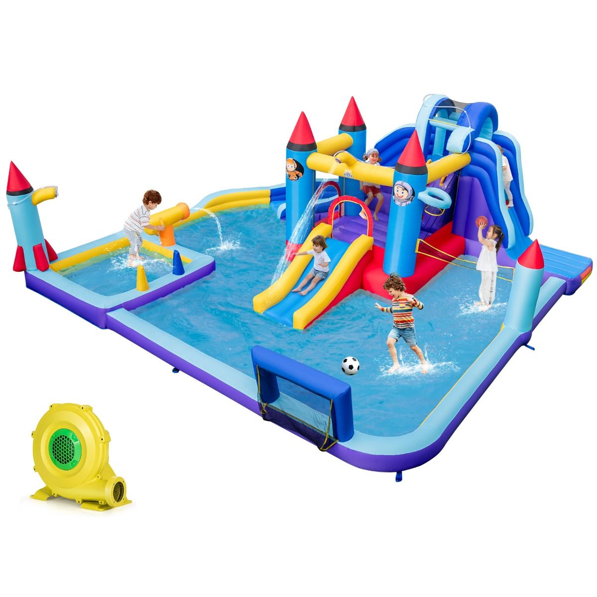Inflatable Castle with Water Slides, Rocket Theme for Children, Swimming Pool, Jumping Area, Water Gun, Climbing Wall, 850W Blower, Multicoloured -