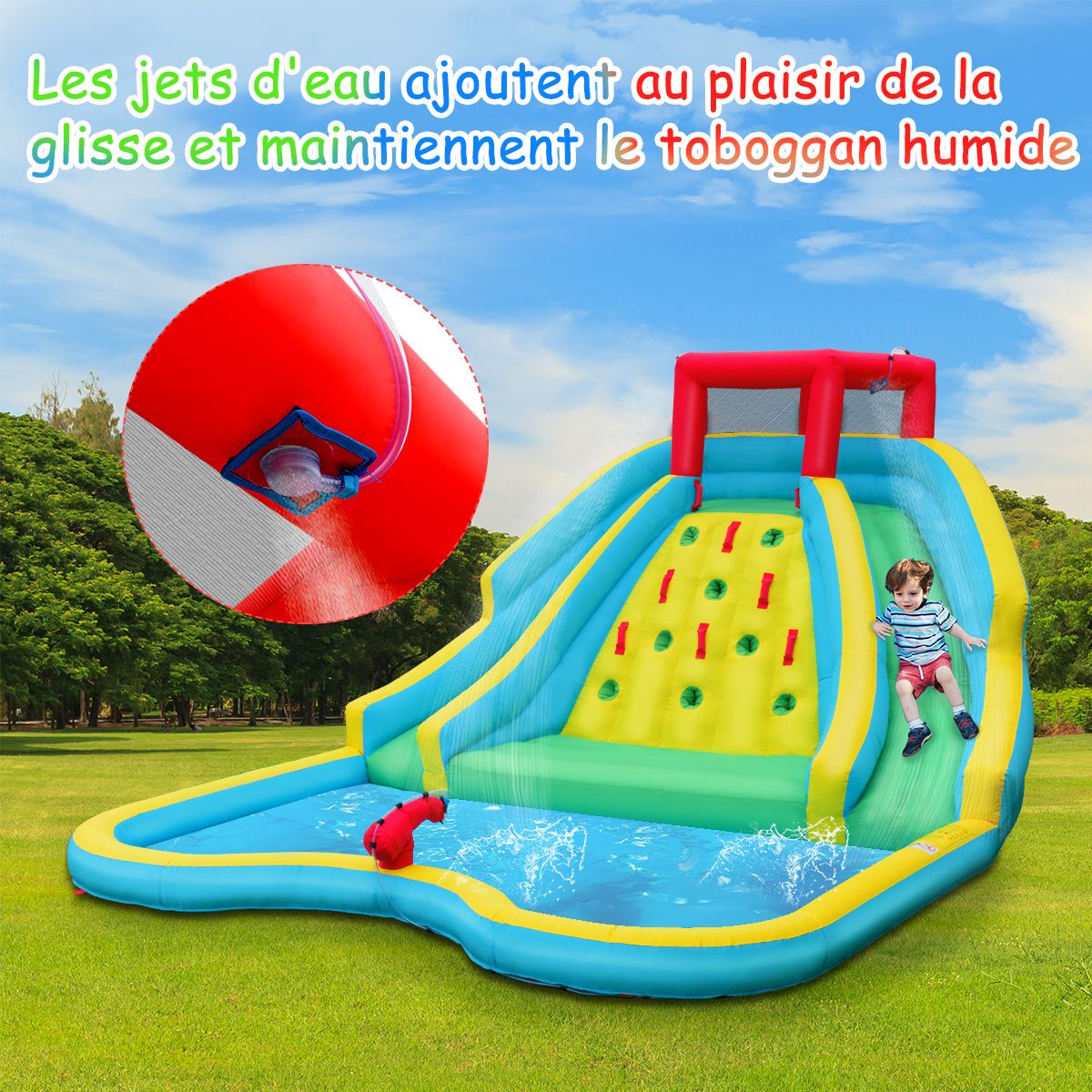5-in-1 Inflatable Water Slide with Paddling Pool, Inflatable Oxford Play Area with Climbing Wall, Load Capacity 150kg for Ages 3-10 (Blower Not Included)