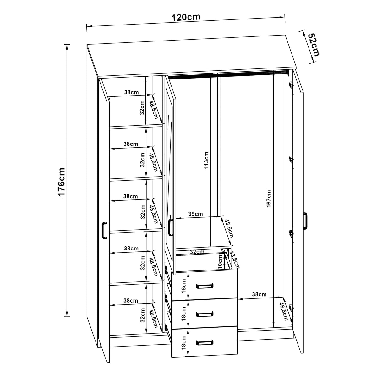 Modern wardrobe bedroom cabinet, timeless storage unit, 5 shelves, 3 drawers + mirror, MDF, 176 x 120 x 52 cm, Sonoma oak effect, 03_0006369