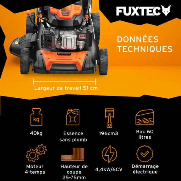 Self-propelled petrol lawnmower with electric start, 196 cm cutting width, 51 cm cutting width - 6 HP, 60 L capacity.