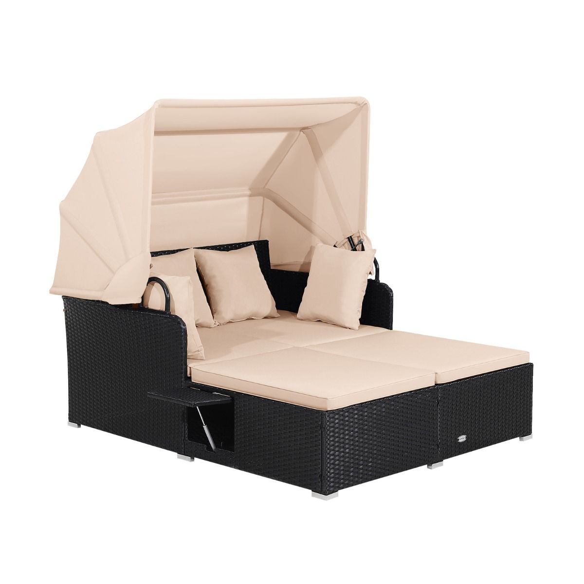 2-Seater Rattan Sun Lounger with Retractable Canopy, Sunbed with Folding Side Panels, 360KG Load Capacity, Beige/Grey