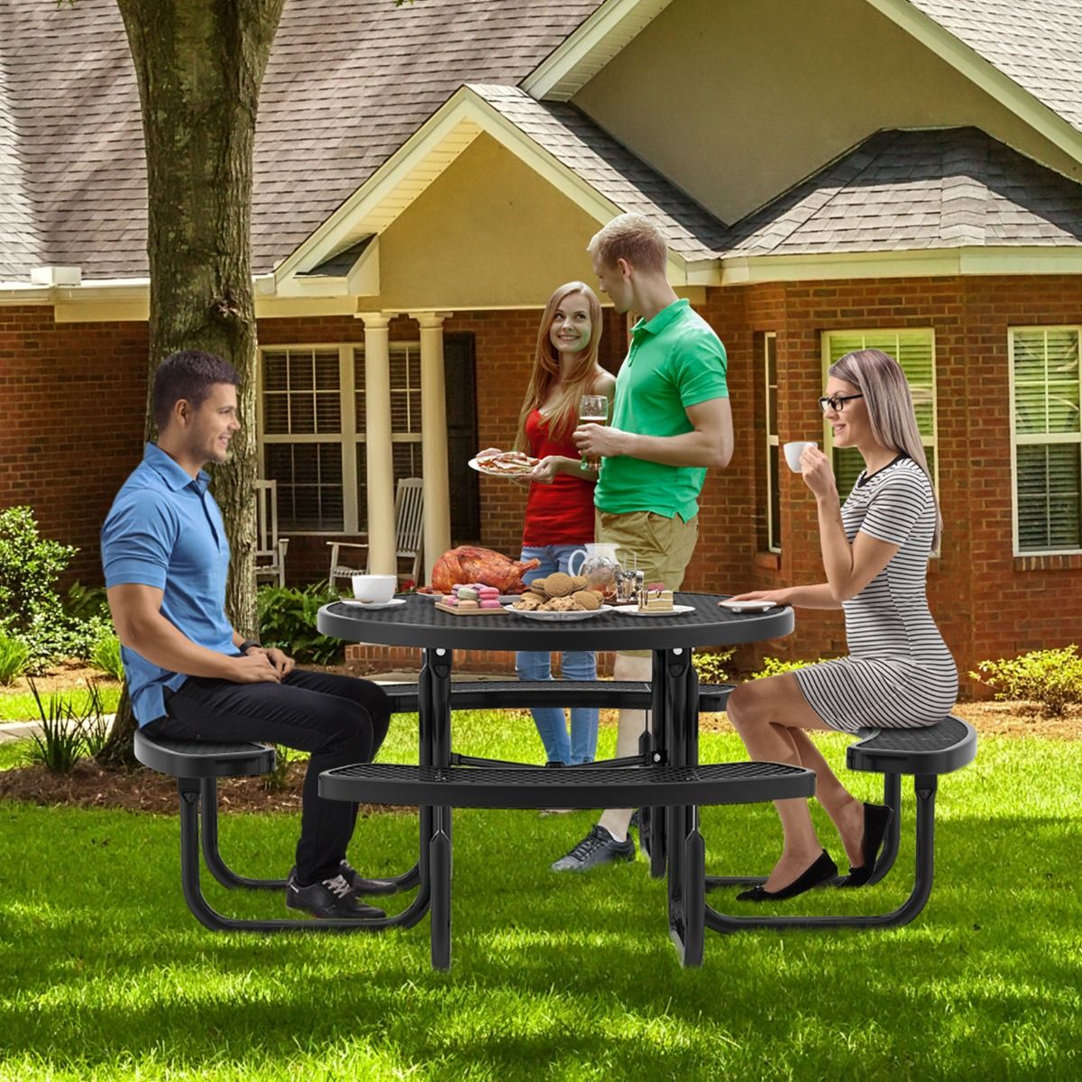 Round Picnic Table with 4 Built-in Benches for 8 People, Metal Camping Table with Seats and Parasol Hole, 202x75cm, Black