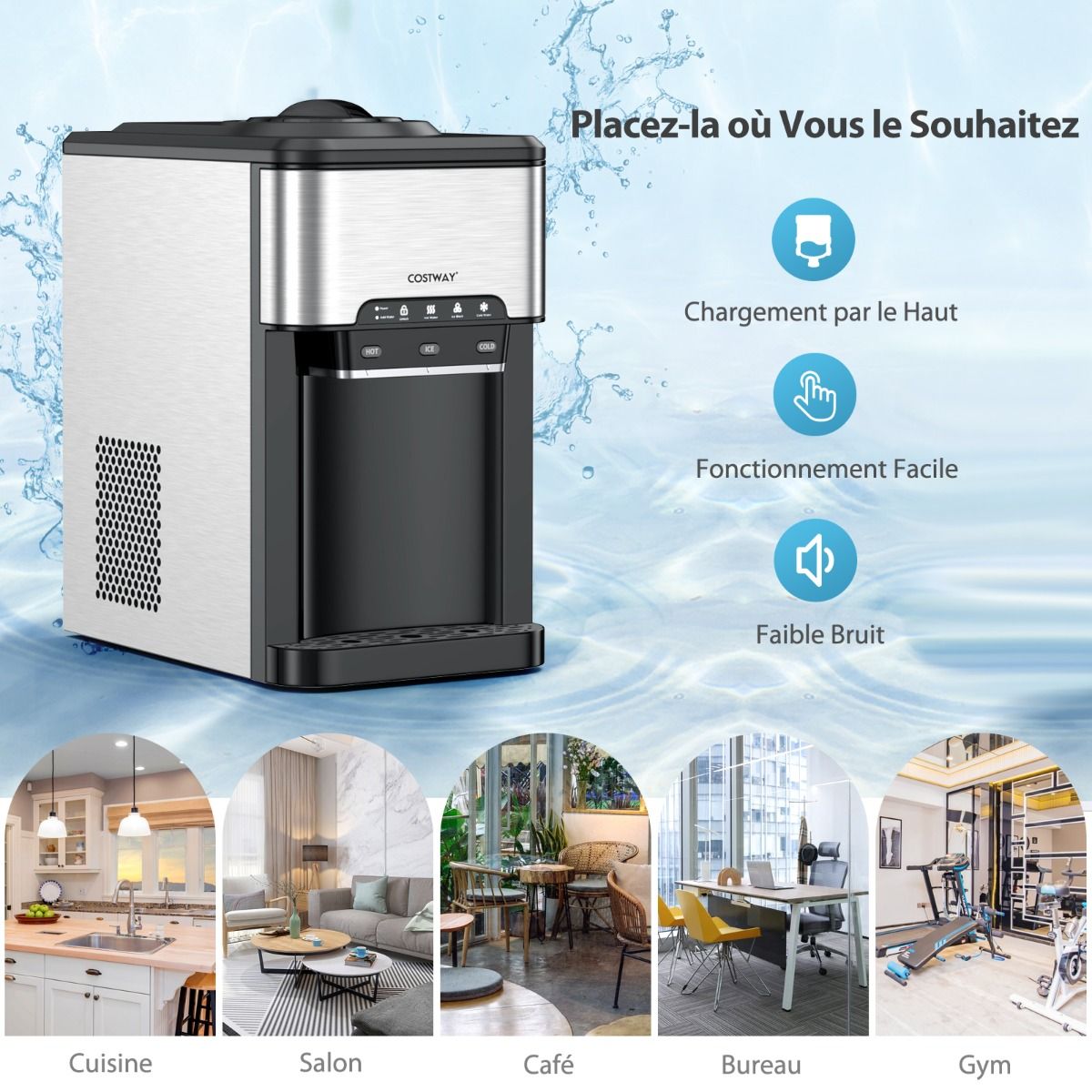 3-in-1 Ice Maker with Hot/Cold Water Dispenser, 20 kg in 24h, Ice Cubes 6-13 min for Home, Office, Bar -