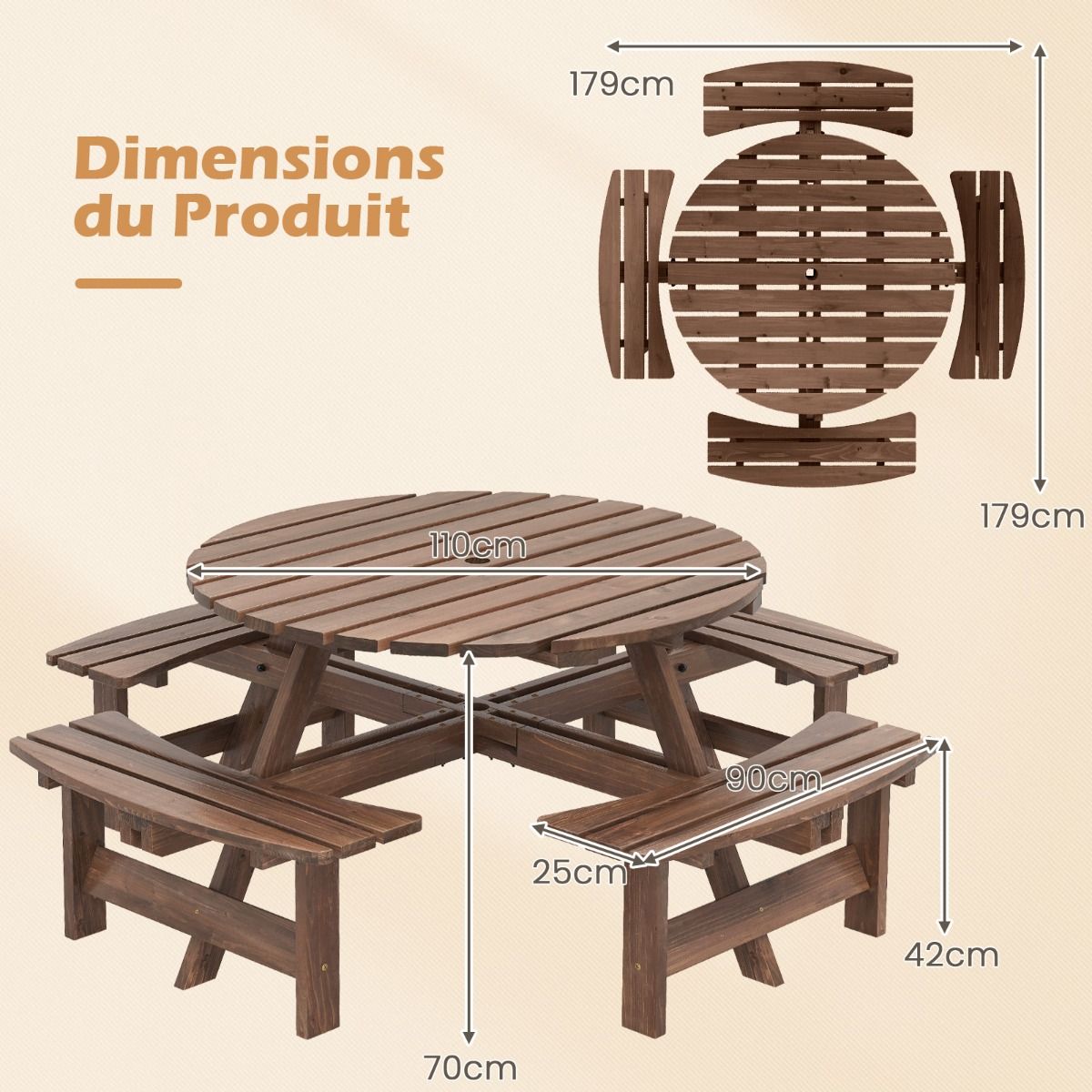 Wooden Picnic Table Set for 2 to 8 People, Circular Table and Bench Set with 4 Integrated Benches, 5cm Parasol Hole, Brown/Yellow -