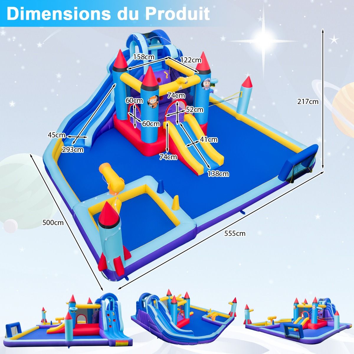 Inflatable Castle with Water Slides, Rocket Theme for Children, Swimming Pool, Jumping Area, Water Gun, Climbing Wall, 850W Blower, Multicoloured -