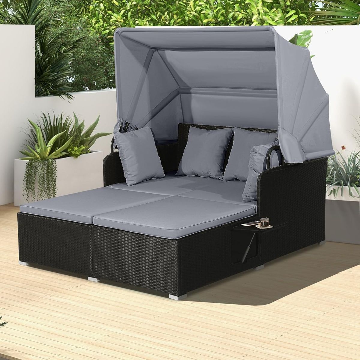 2-Seater Rattan Sun Lounger with Retractable Canopy, Sunbed with Folding Side Panels, 360KG Load Capacity, Beige/Grey