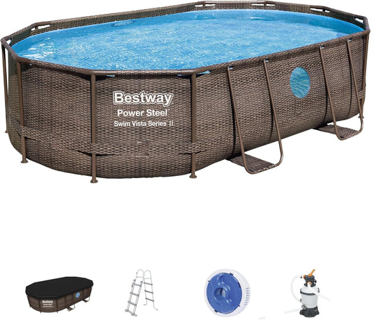 56946 Power Steel? Swim Vista oval pool 488 x 305 x 107 cm rattan pattern with portholes, sand filtration, ladder, cover and Chemconnect? diffuser
