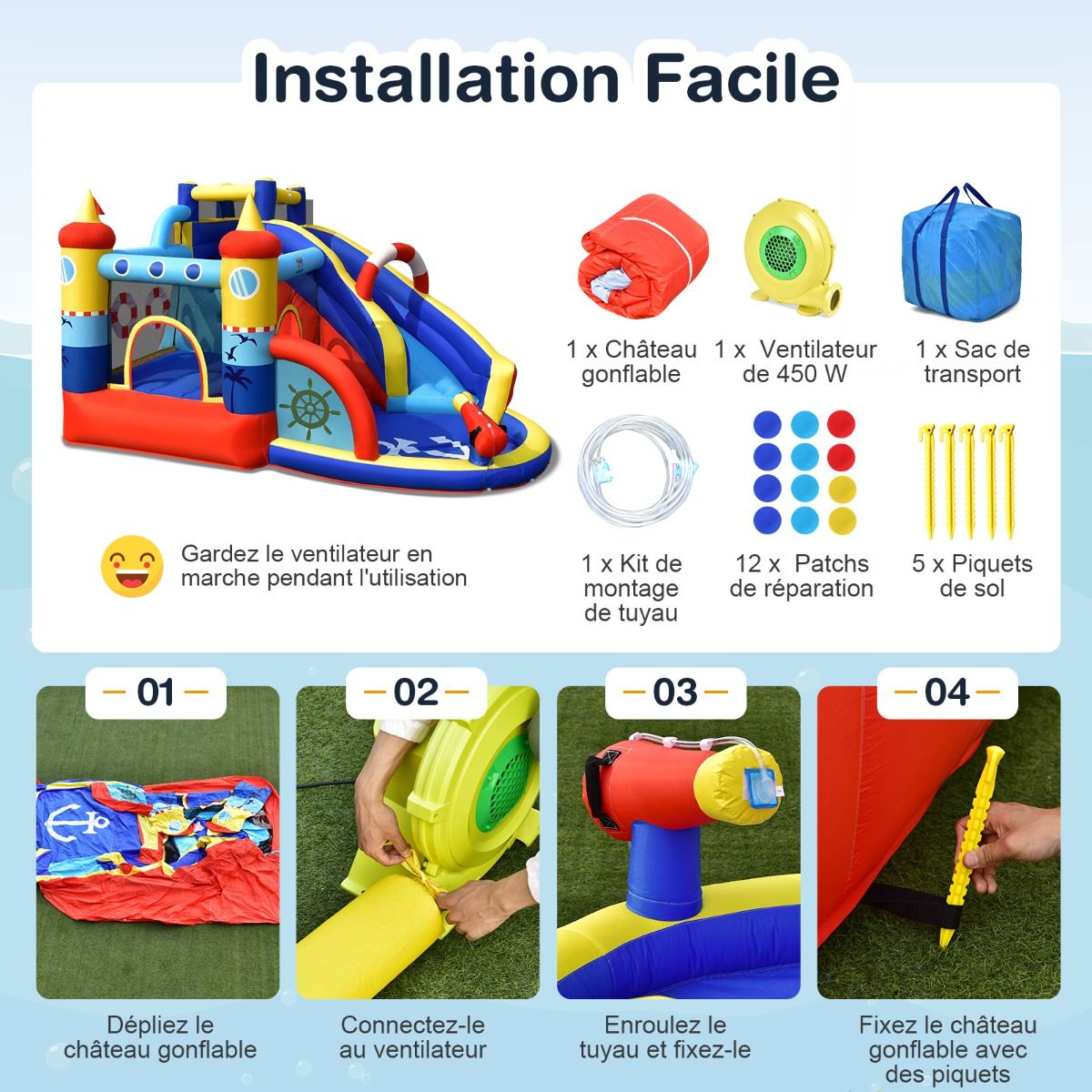 Inflatable Boat-Style Castle with Curved Slide, Jumping Area, Climbing Wall with 450W Inflator -