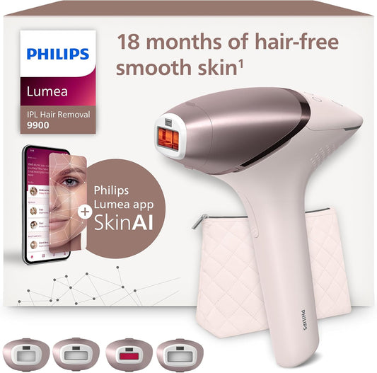 Philips Lumea Series 9900, IPL hair removal device, SenseIQ and SkinAI technology, 4 attachments for body, face, bikini line and underarms, corded and cordless use (model BRI951/00)