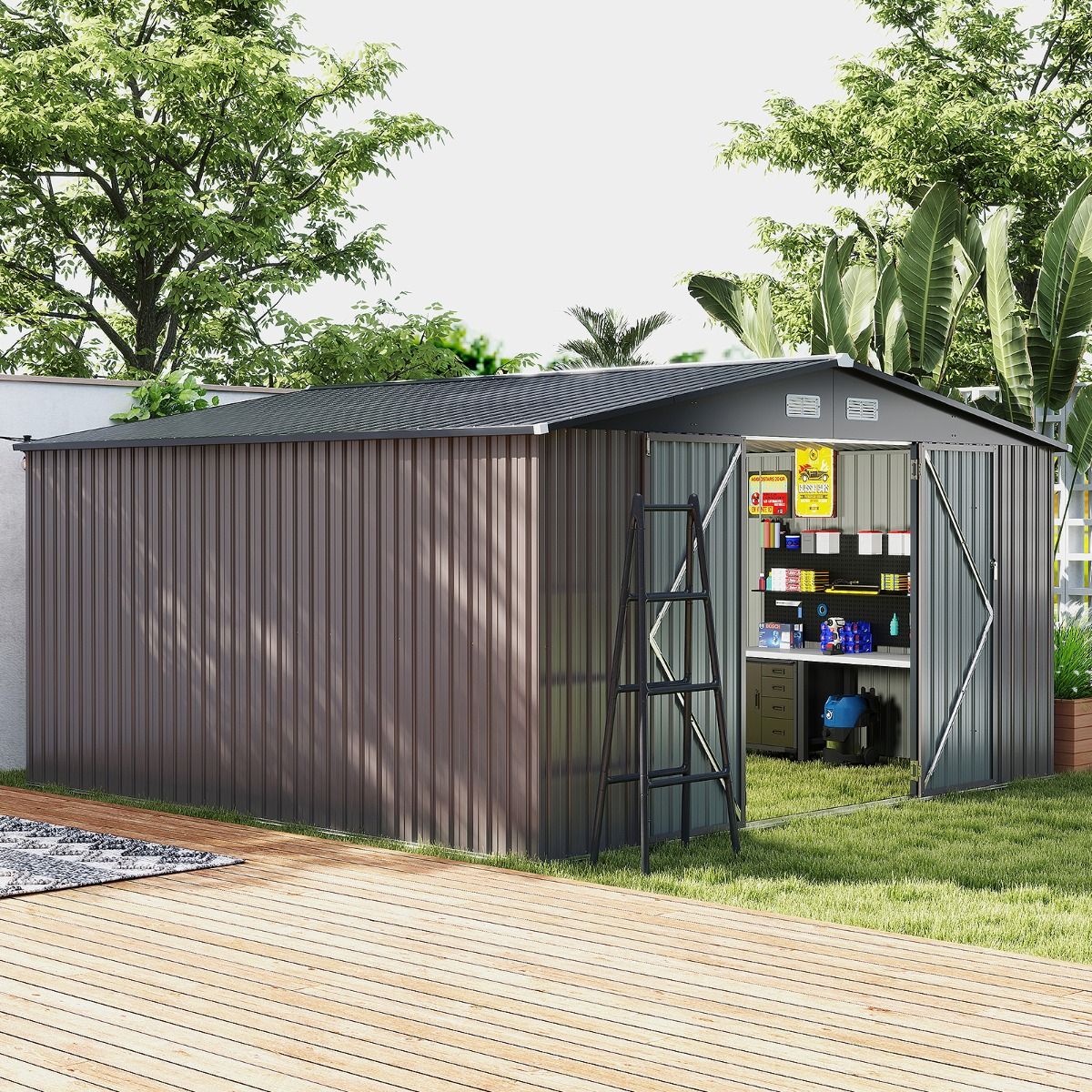Large Outdoor Storage Shed/Tool Shed with Sloping Roof Design, Lockable Doors with Keys, 4 Ventilation Vents, 350x350x198cm, Grey