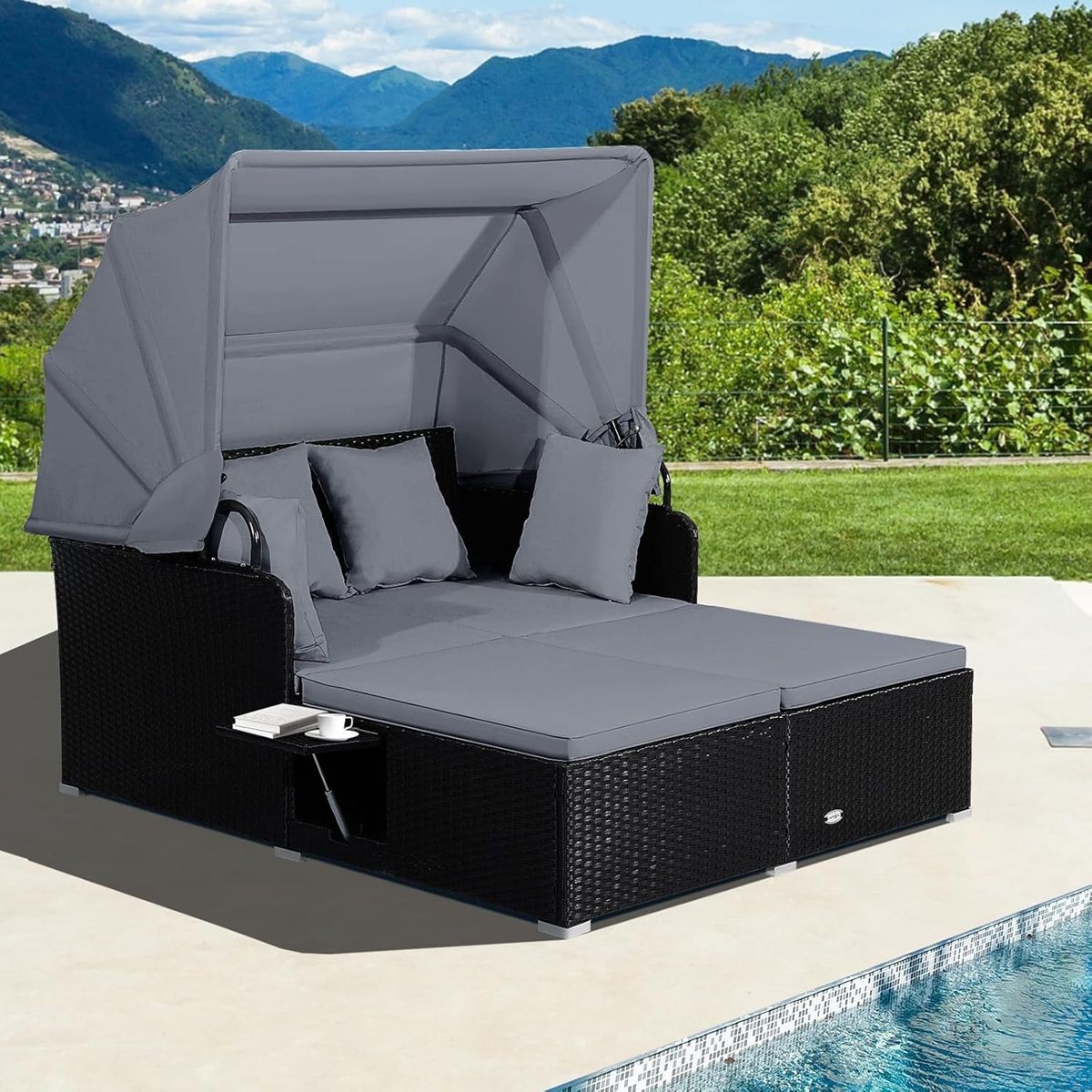 2-Seater Rattan Sun Lounger with Retractable Canopy, Sunbed with Folding Side Panels, 360KG Load Capacity, Beige/Grey