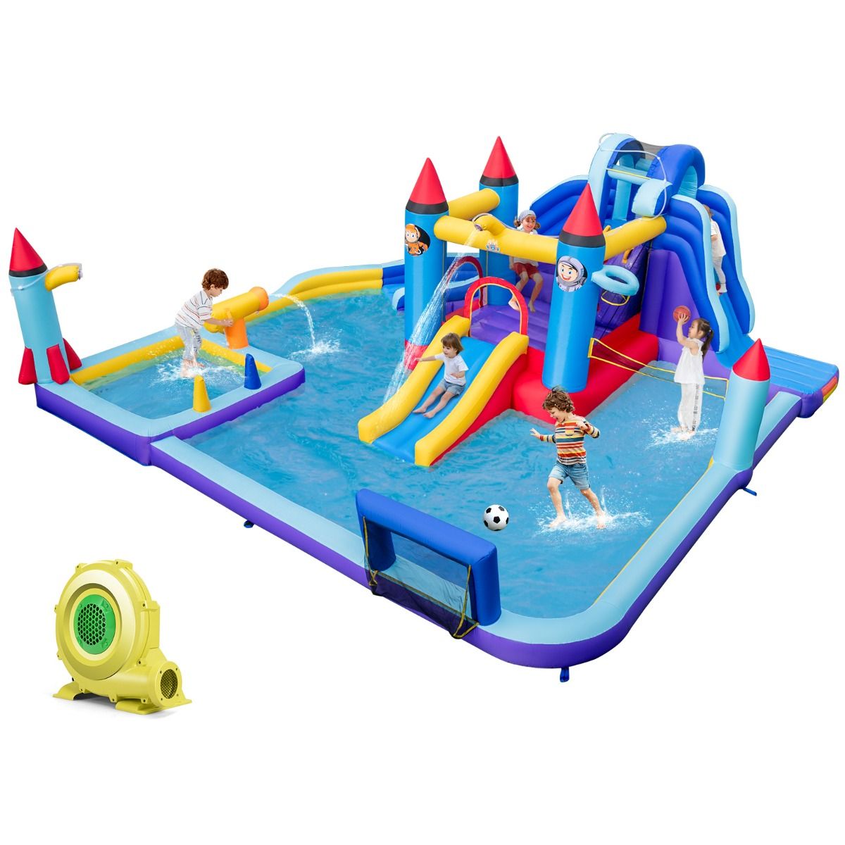 Inflatable Castle with Water Slides, Rocket Theme for Children, Swimming Pool, Jumping Area, Water Gun, Climbing Wall, 850W Blower, Multicoloured -
