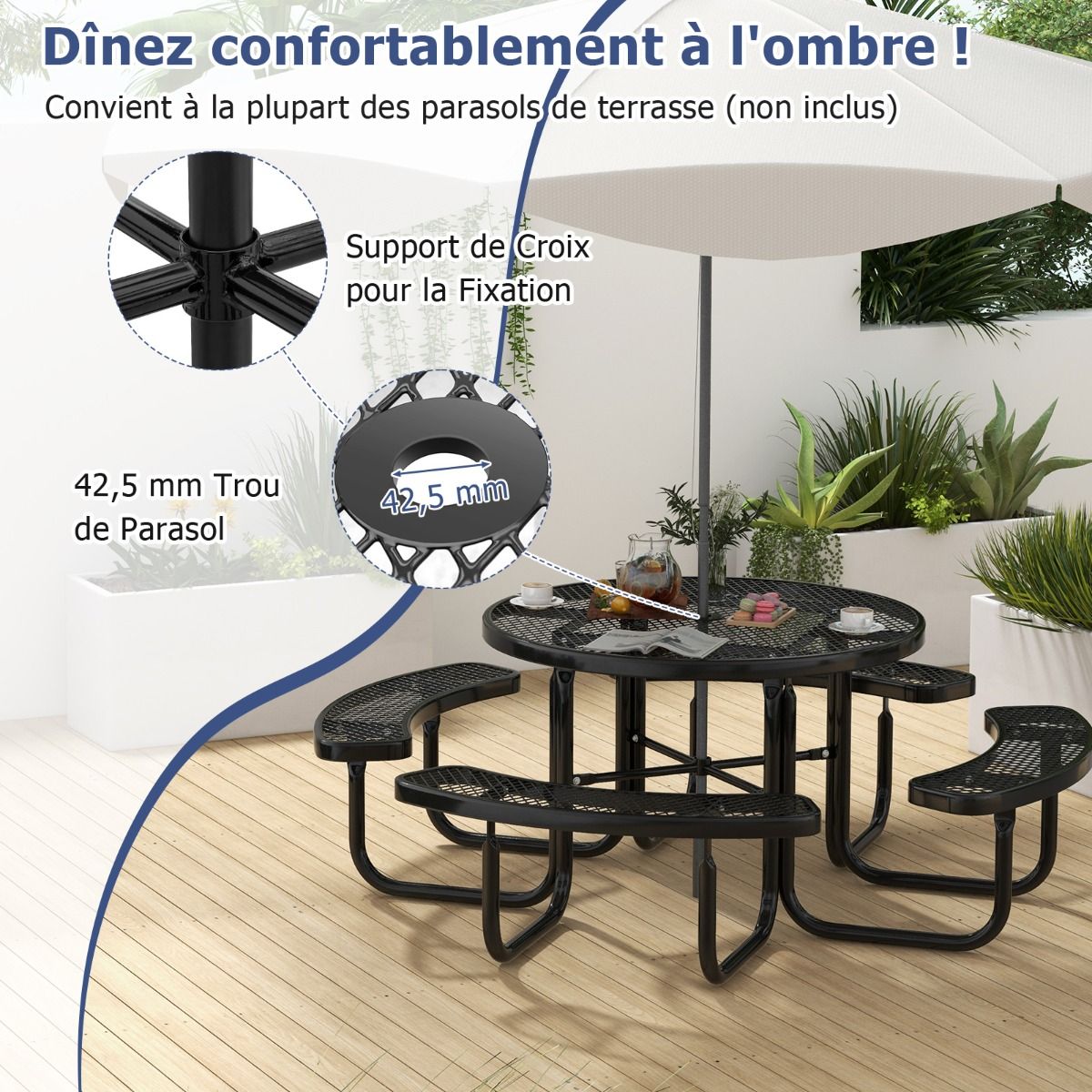 Round Picnic Table with 4 Built-in Benches for 8 People, Metal Camping Table with Seats and Parasol Hole, 202x75cm, Black