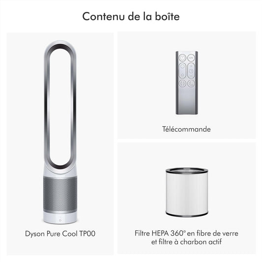 Dyson Pure Cool TP00   Bladeless Tower Fan Purifier, 10 Speeds, 434L/s, 360Spend HEPA Filter, Captures 99.95% of Particles, White/Silver