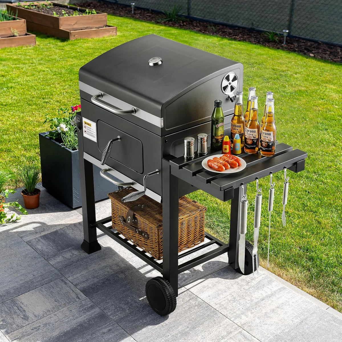XL Charcoal Barbecue, Barbecue Cart, XL Charcoal Grill with Lid, Wheels and Thermometer, Height Adjustable, Large Charcoal Barbecue, for Camping and Garden, Black