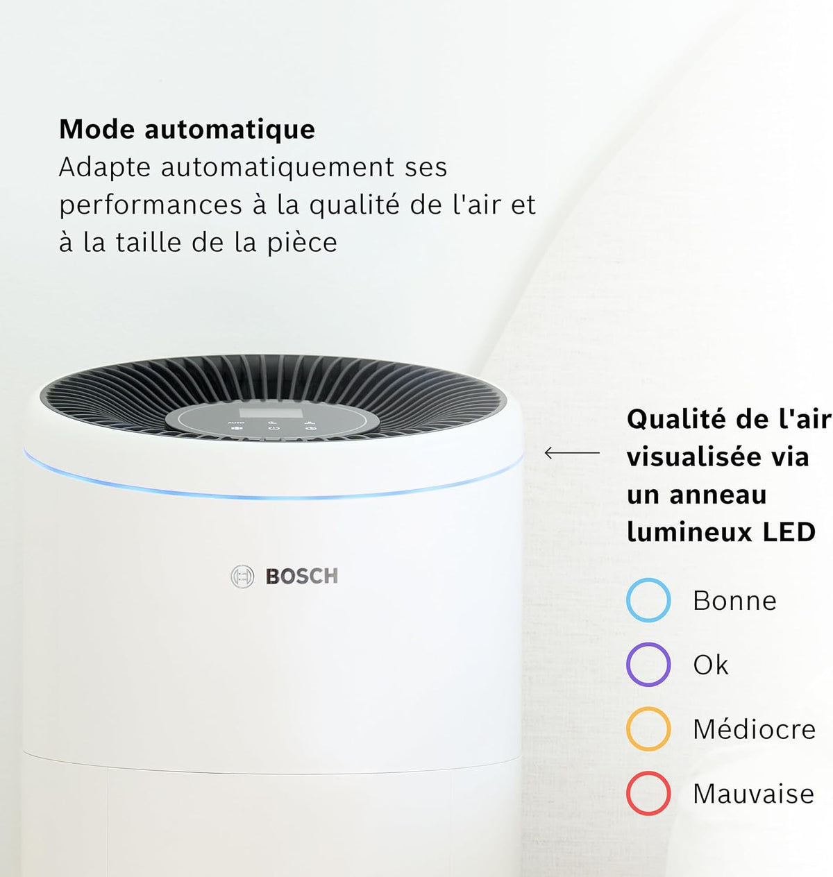 Bosch Air 6000 - Air Purifier - For rooms up to 125 m2 - Effectively filters over 99% of pollutants - Intelligent sensor, auto and silent modes (< 25 dB(A)) - CADR: 600 m3/h