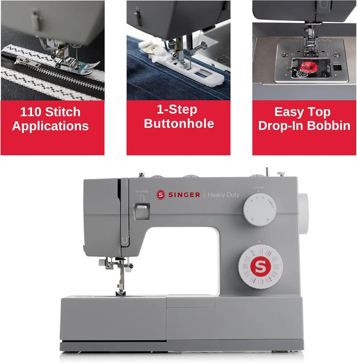 SINGER Heavy Duty 4452 High Speed Sewing Machine With Accessory Kit | Strong Motor with Enhanced Piercing Power, 110 Stitch Applications, Full Metal frame, 1-step Buttonhole & LED Lights