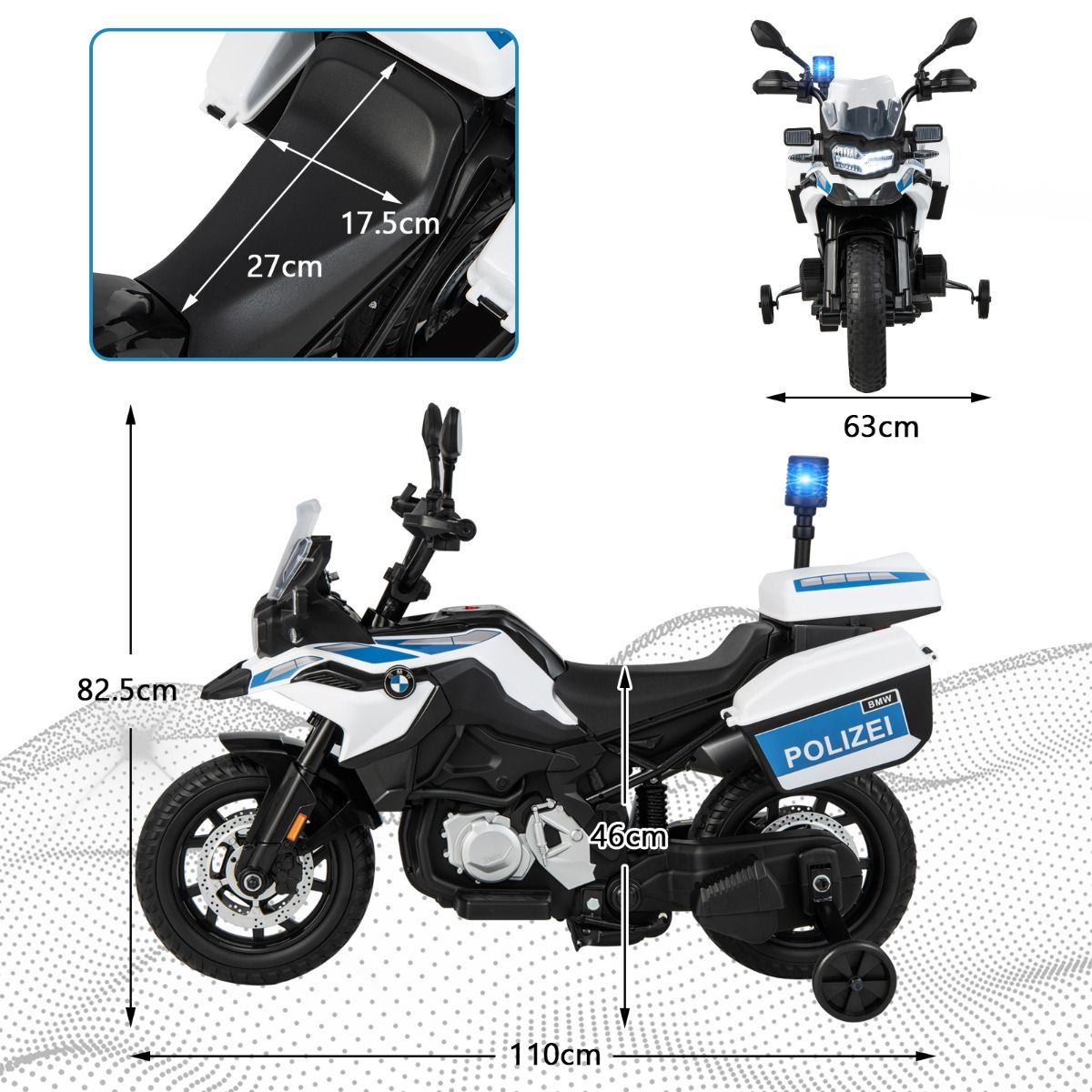 12V/7AH Electric Motorcycle for Children, 6km/h, Police Model with Horn, Music, Siren, Headlights, for Ages 3-8