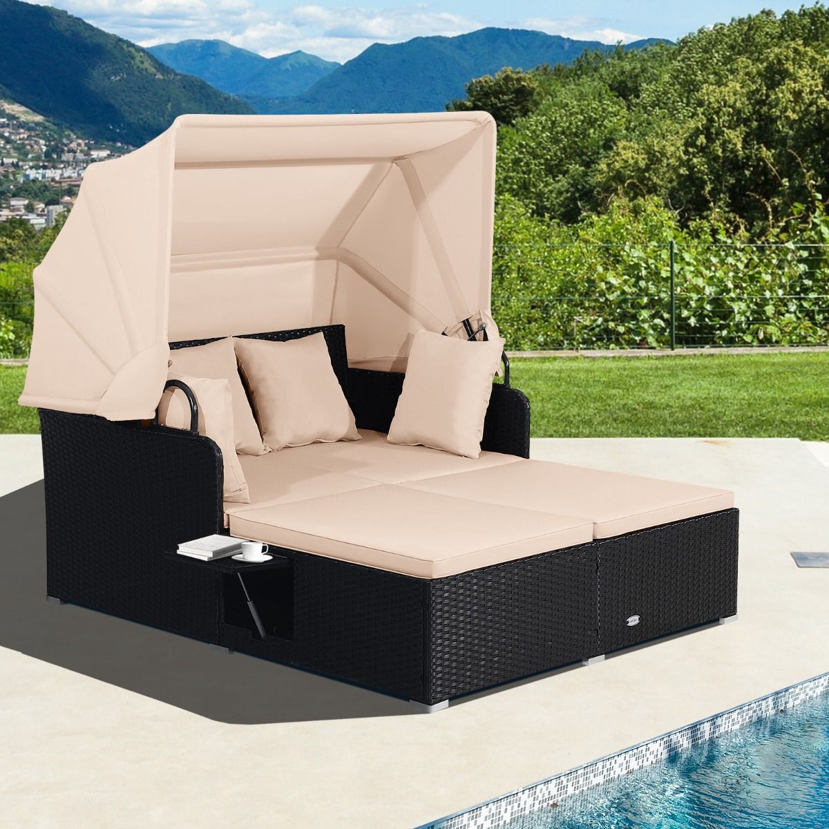 2-Seater Rattan Sun Lounger with Retractable Canopy, Sunbed with Folding Side Panels, 360KG Load Capacity, Beige/Grey