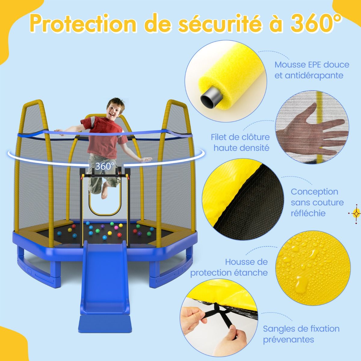 Outdoor Trampoline ? 223cm with Slide & Ladder with Safety Net, 2 U-Shaped Doors, Load Capacity 270kg for 2-3 Children Aged 3+, Blue/Green