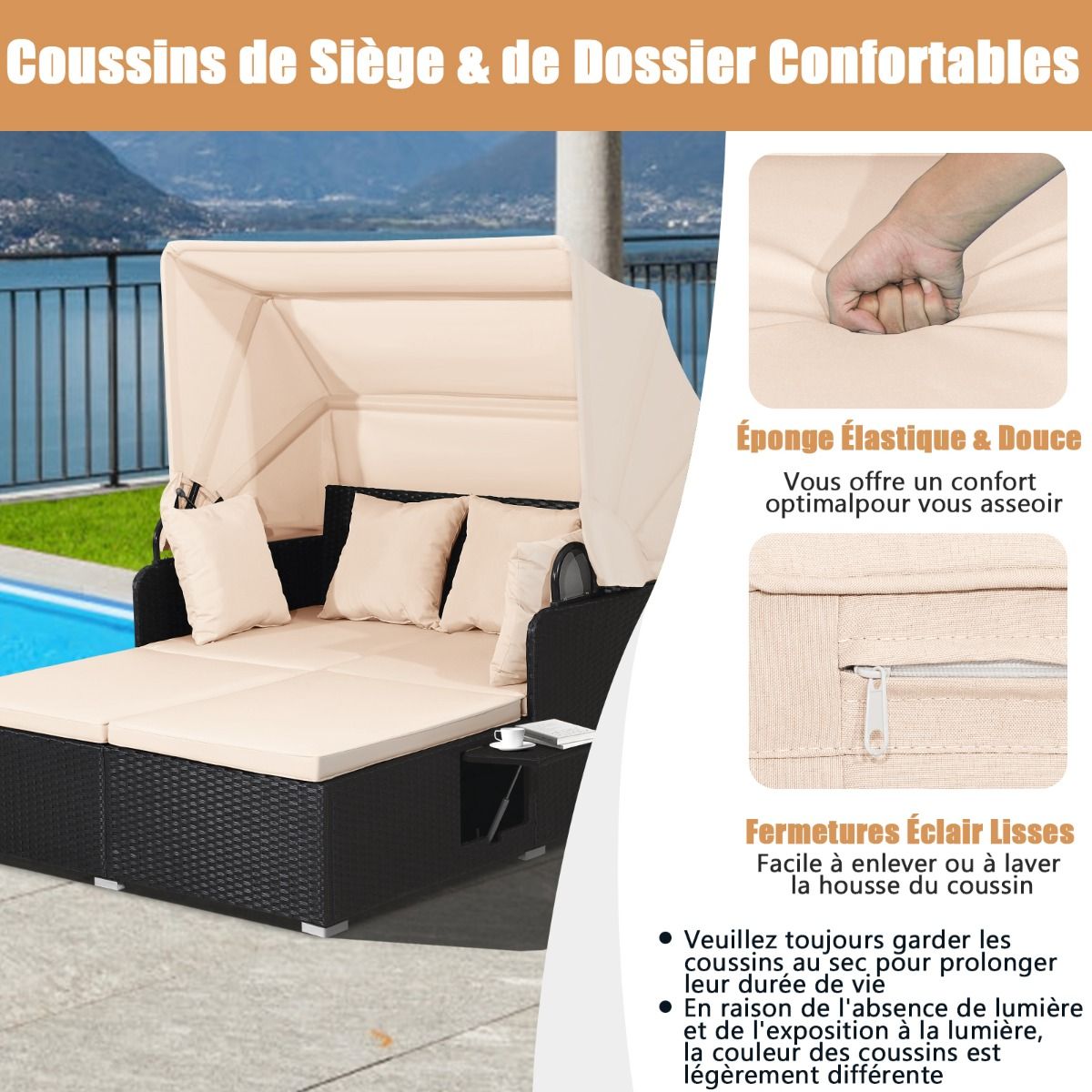 2-Seater Rattan Sun Lounger with Retractable Canopy, Sunbed with Folding Side Panels, 360KG Load Capacity, Beige/Grey