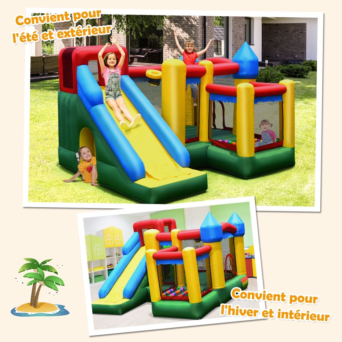 4-in-1 Inflatable Castle for Children 3-10 Years Old with Slide, Jumping Area, Climbing Wall, Basketball Hoop -