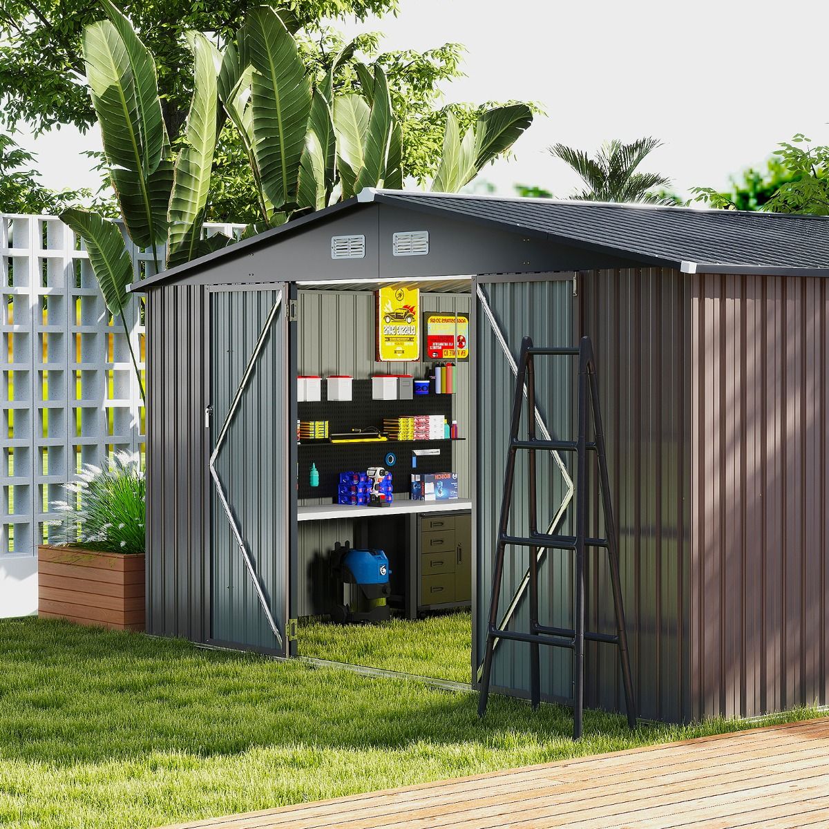 Large Outdoor Storage Shed/Tool Shed with Sloping Roof Design, Lockable Doors with Keys, 4 Ventilation Vents, 350x350x198cm, Grey